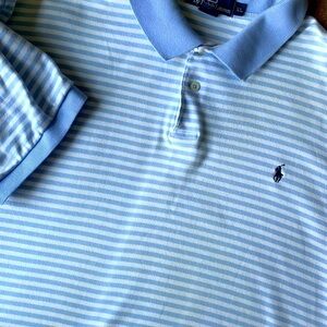 Men's Polo Ralph Lauren XL 100% Cotton Blue & White Striped‎  Shirt Sleeve Golf